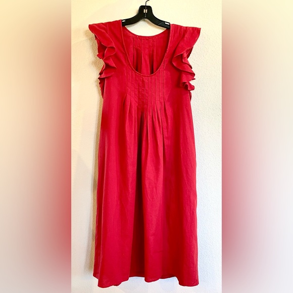 The Great The Flutter Tulip Dress Red Linen Cotton Ruffle Sleeves Pockets Large - Picture 5 of 10